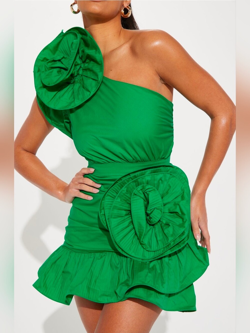 One-Shoulder Green Mini Dress with Rosette Accents